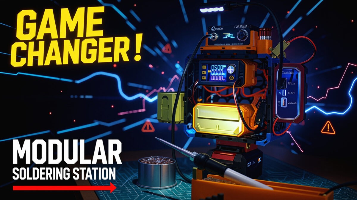 Modulare Lötstation mit digitalem Display und Zubehör auf einem Tisch.